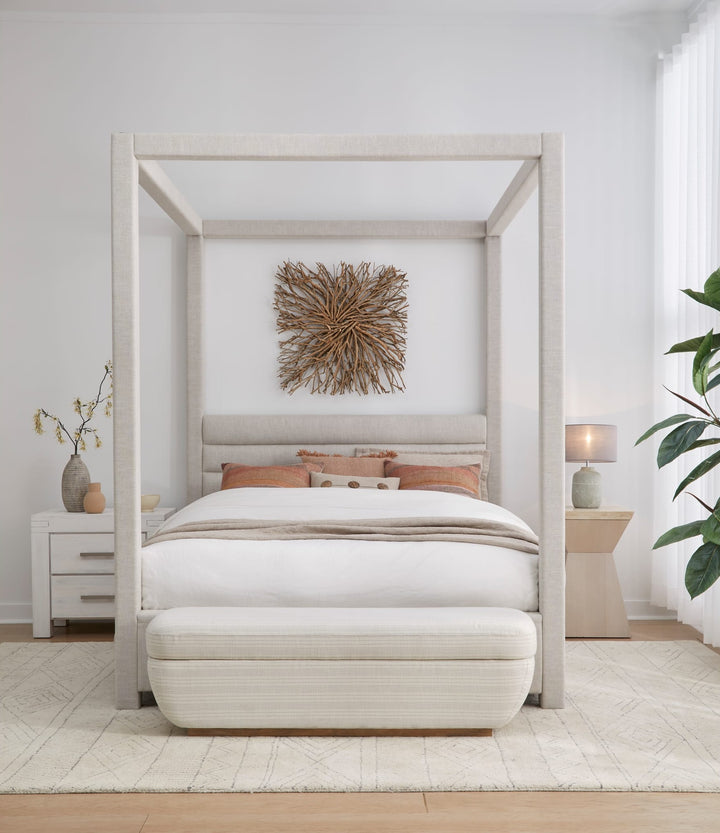 Rockford Upholstered Canopy Bed in Turtle Dove Linen styled in a bedroom