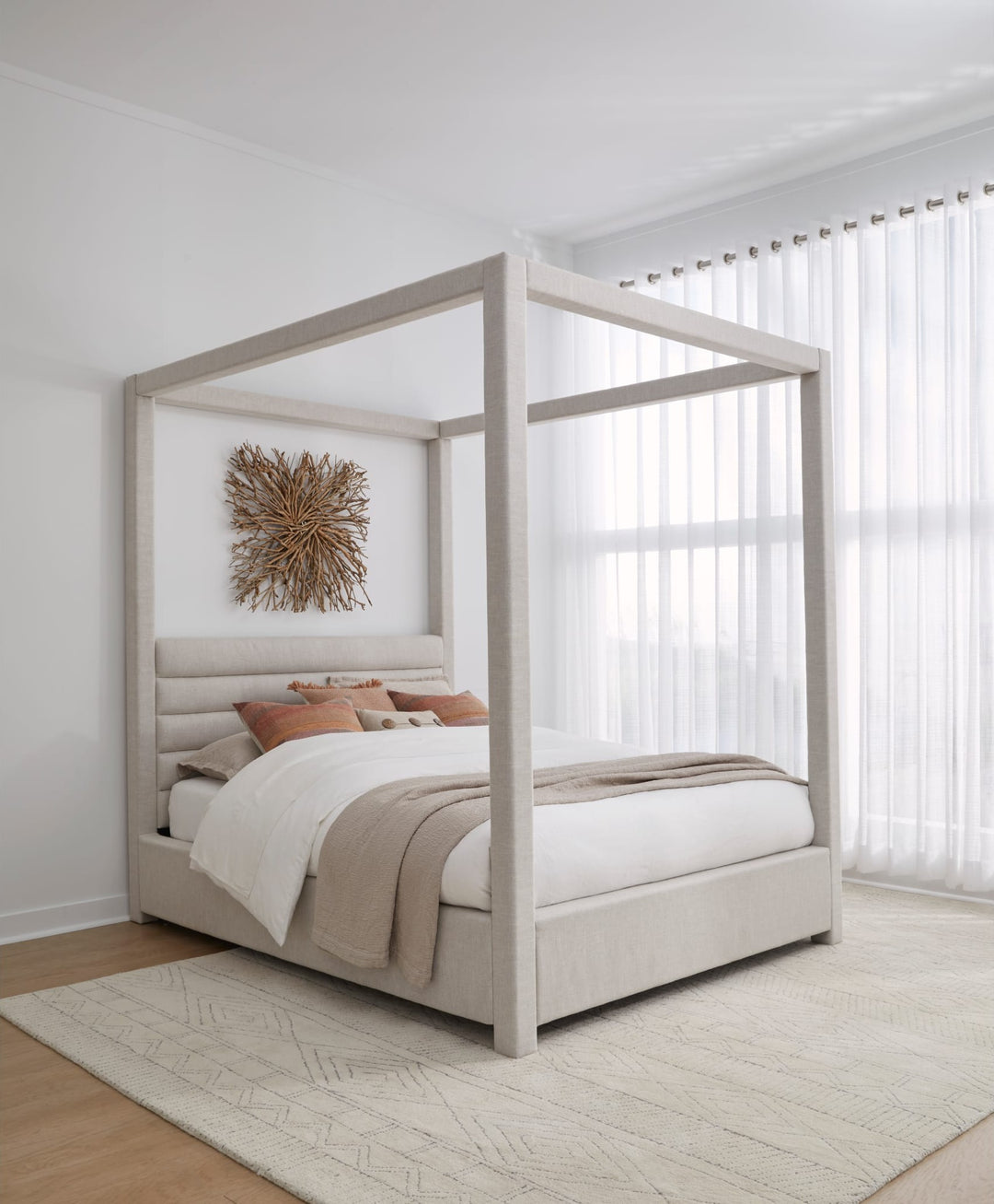 Rockford Upholstered Canopy Bed in Turtle Dove Linen styled in a bedroom