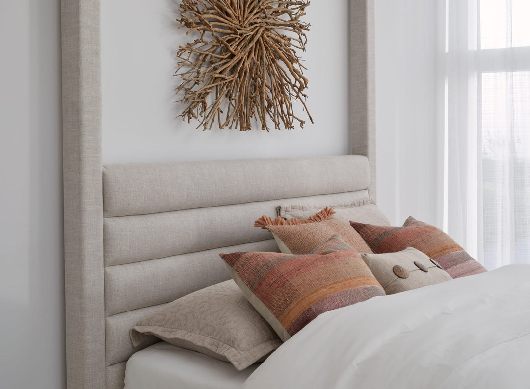 Rockford Upholstered Canopy Bed in Turtle Dove Linen styled in a bedroom