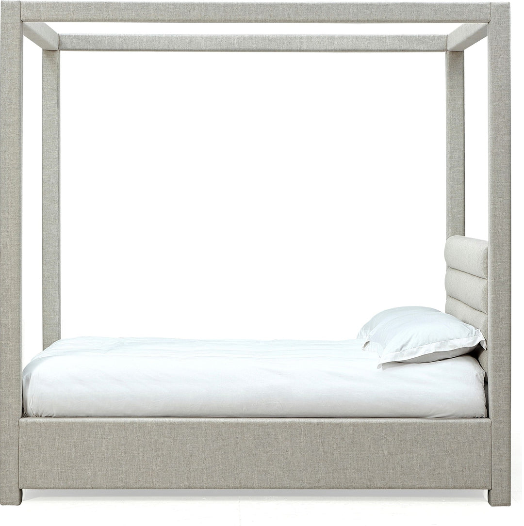 Rockford Upholstered Canopy Bed in Turtle Dove Linen — white background, side profile