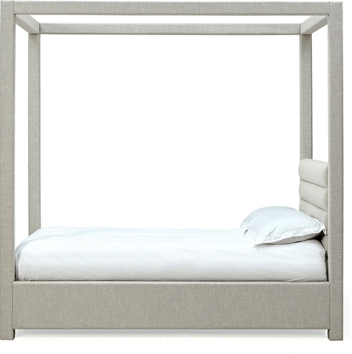 Rockford Upholstered Canopy Bed in Turtle Dove Linen — white background, side profile