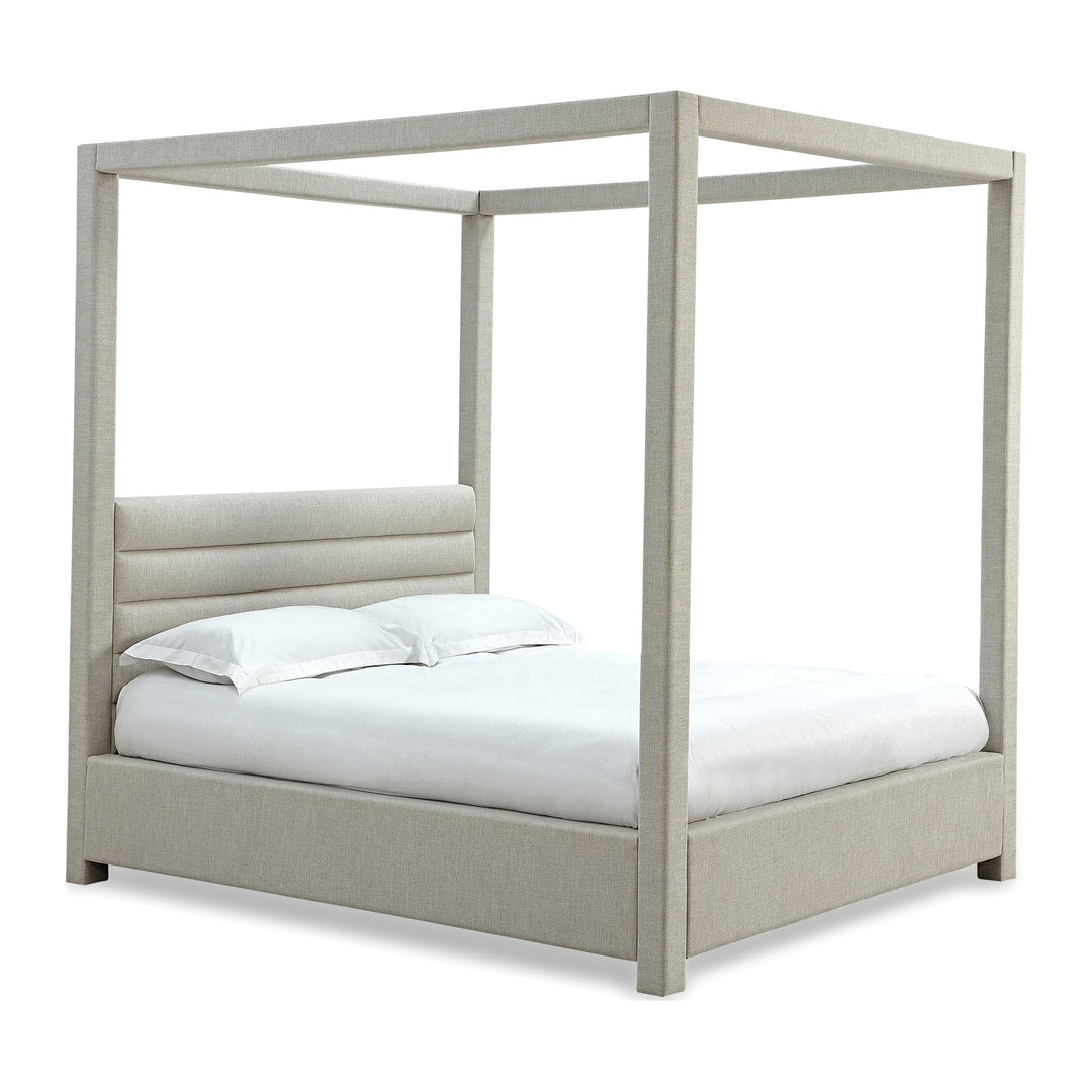 Rockford Upholstered Canopy Bed by Modus in Turtle Dove Linen — white background, angled view