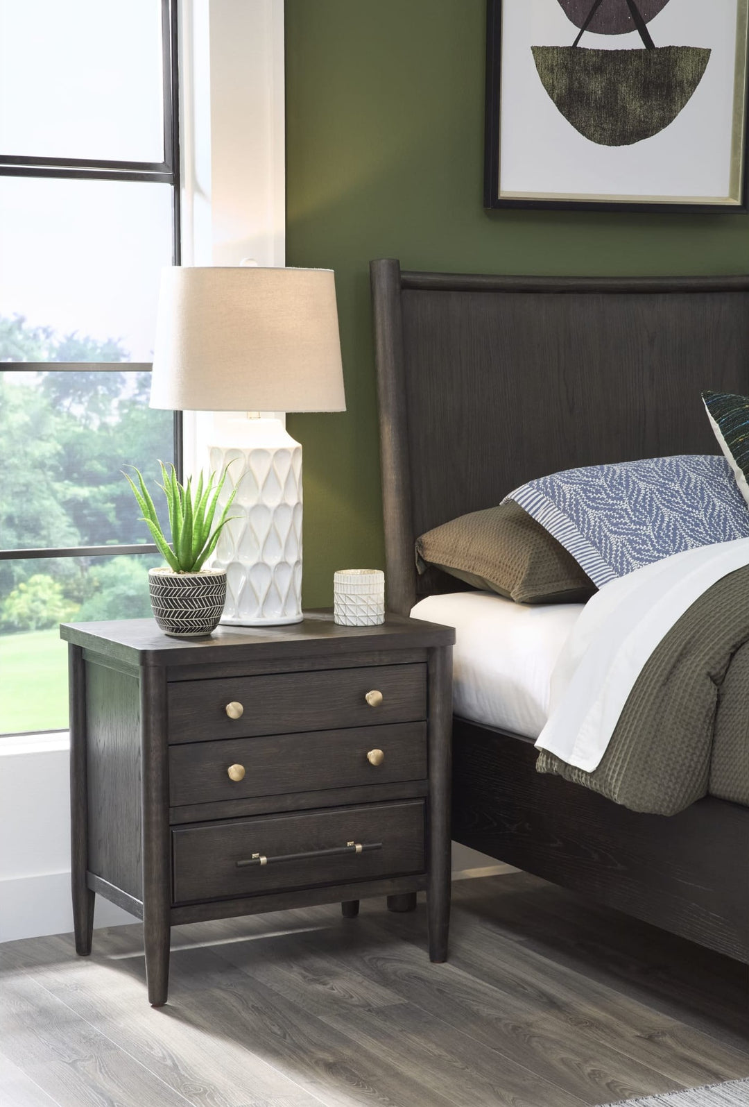 Rockport Three Drawer Large Nightstand by Modus in Yin — in a bedroom setting