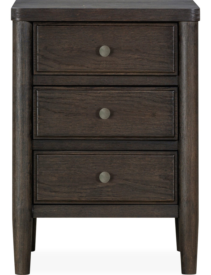 Rockport Three Drawer Small Nightstand in Yin — on a white background