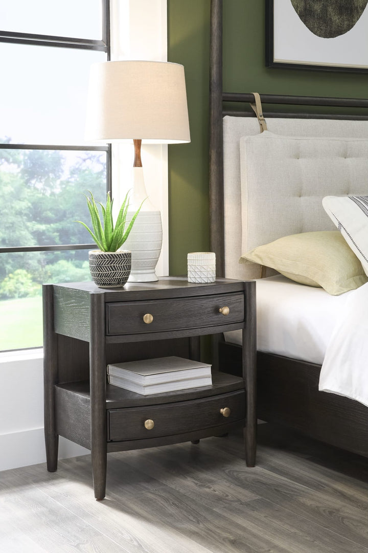 Rockport Two Drawer One Shelf Nightstand in Yin — in a bedroom setting