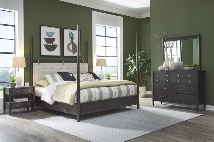Rockport Two Drawer One Shelf Nightstand in Yin — in a bedroom setting