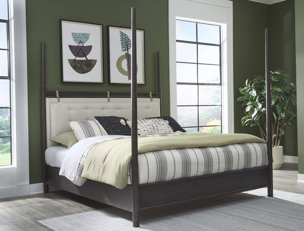 Rockport Upholstered Poster Bed in Yin and Turtle Dove Linen styled in a bedroom