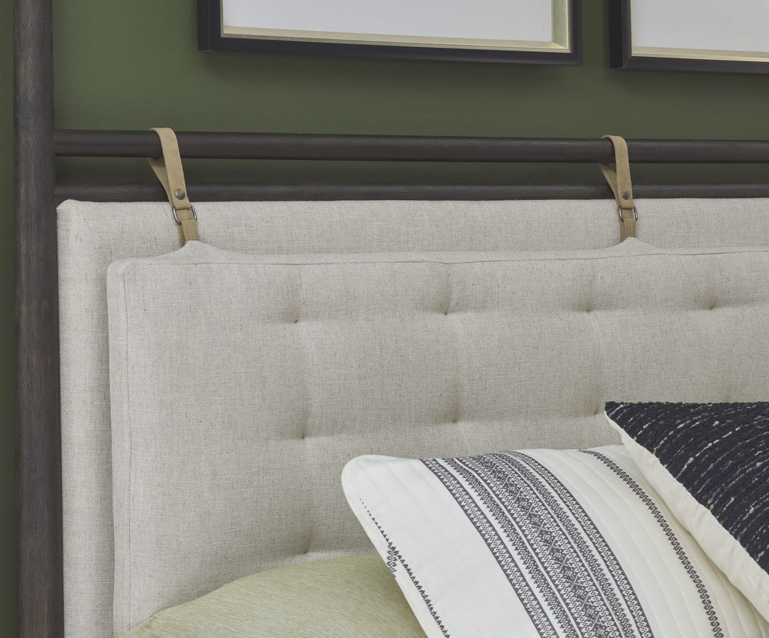Rockport Upholstered Poster Bed in Yin and Turtle Dove Linen styled in a bedroom
