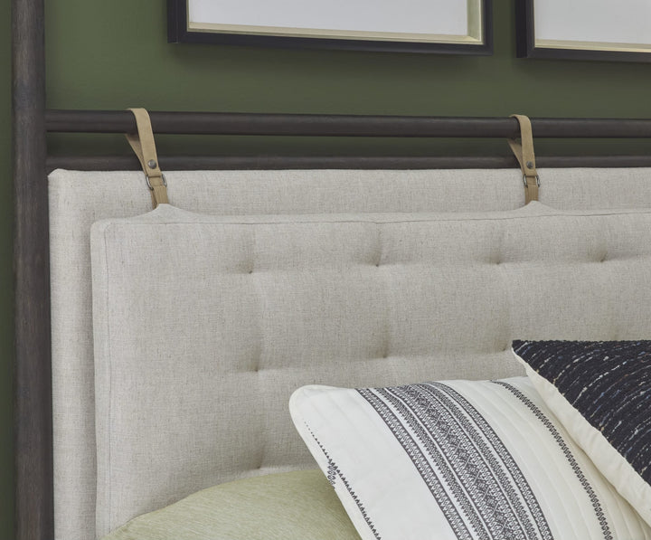 Rockport Upholstered Poster Bed in Yin and Turtle Dove Linen styled in a bedroom