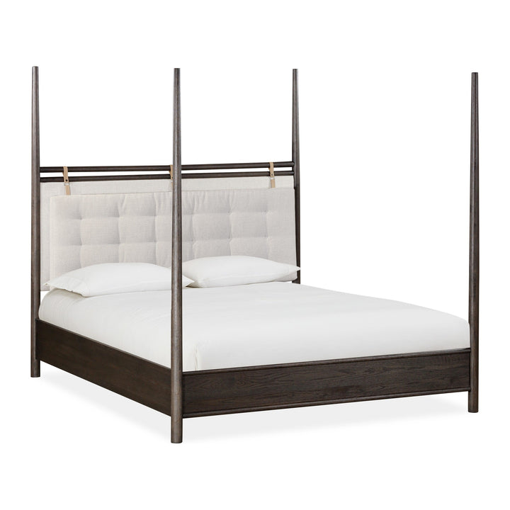 Rockport Upholstered Poster Bed by Modus in Yin and Turtle Dove Linen — white background, angled view