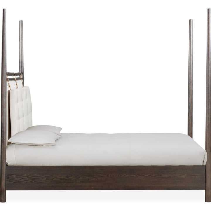 Rockport Upholstered Poster Bed in Yin and Turtle Dove Linen — white background, side profile
