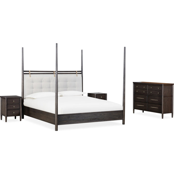 Rockport Upholstered Poster Bed in Yin and Turtle Dove Linen — shown with the Rockport bedroom group — white background