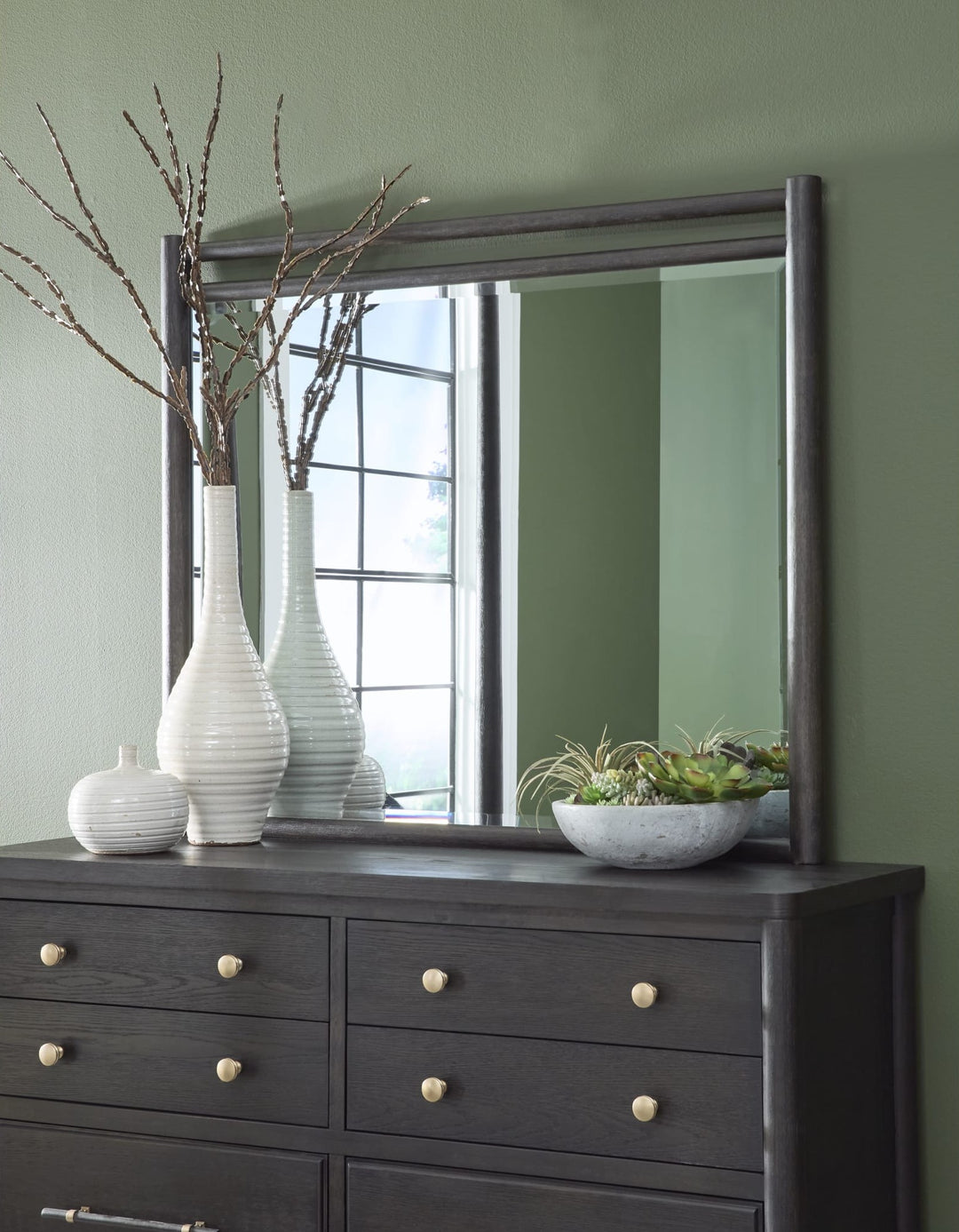 Rockport Wall or Dresser Mirror in Yin — styled on the matching dresser (sold separately)