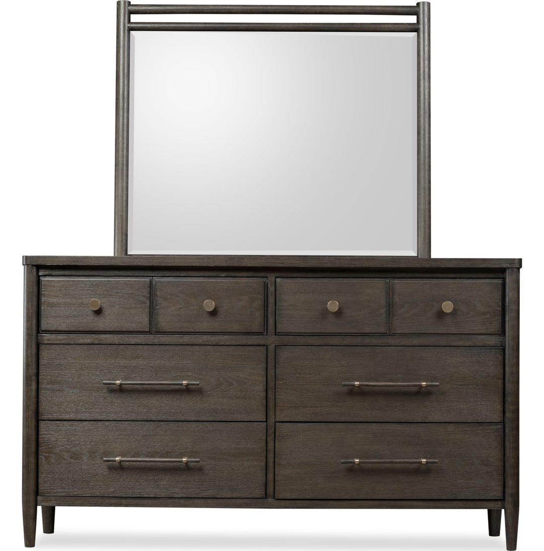 Rockport Wall or Dresser Mirror in Yin — on a white background, mounted on the matching dresser (sold separately)