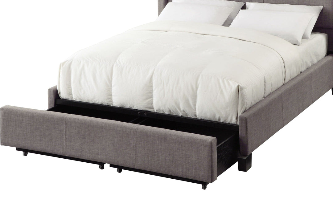 Royal Tufted Upholstered Footboard Storage Bed in Dolphin Linen — storage footboard drawers open