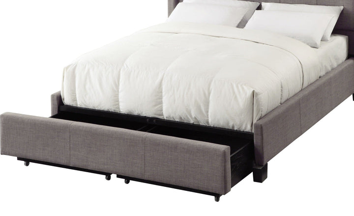 Royal Tufted Upholstered Footboard Storage Bed in Dolphin Linen — storage footboard drawers open
