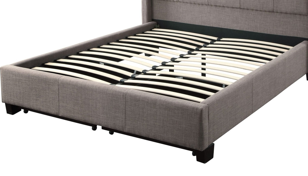 Royal Tufted Upholstered Footboard Storage Bed in Dolphin Linen — without mattress, showing slat platform