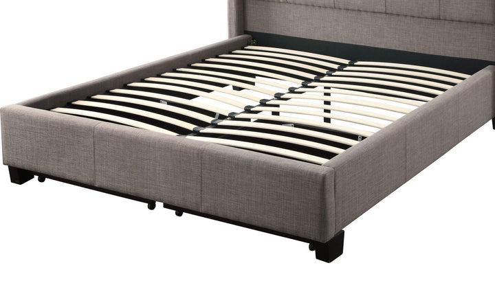 Royal Tufted Upholstered Footboard Storage Bed in Dolphin Linen — without mattress, showing slat platform