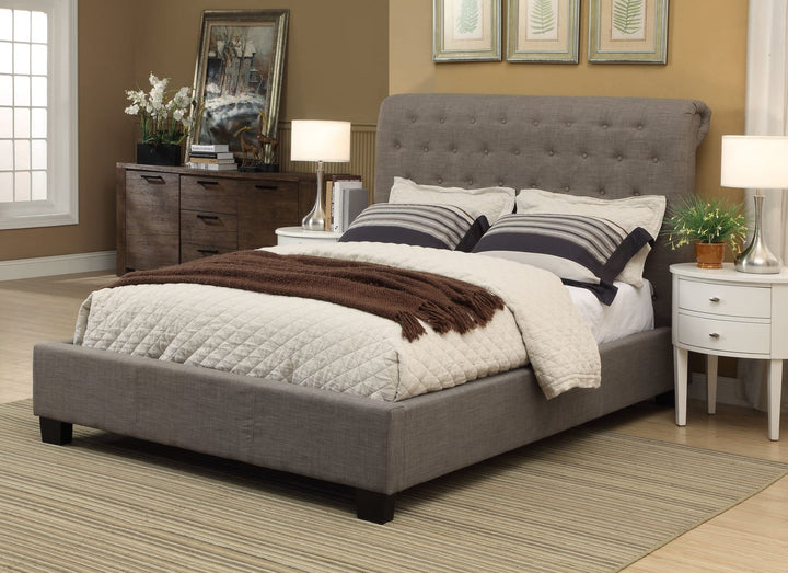 Royal Tufted Upholstered Platform Bed in Dolphin Linen styled in a bedroom