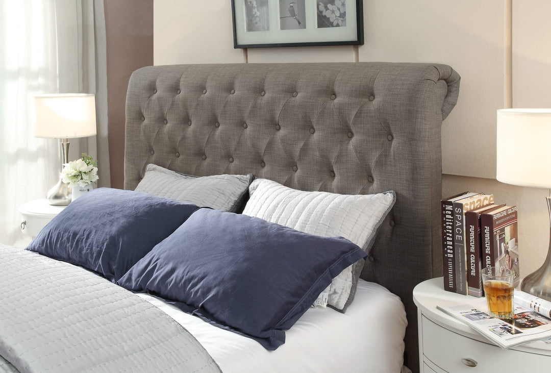 Royal Tufted Upholstered Platform Bed in Dolphin Linen styled in a bedroom