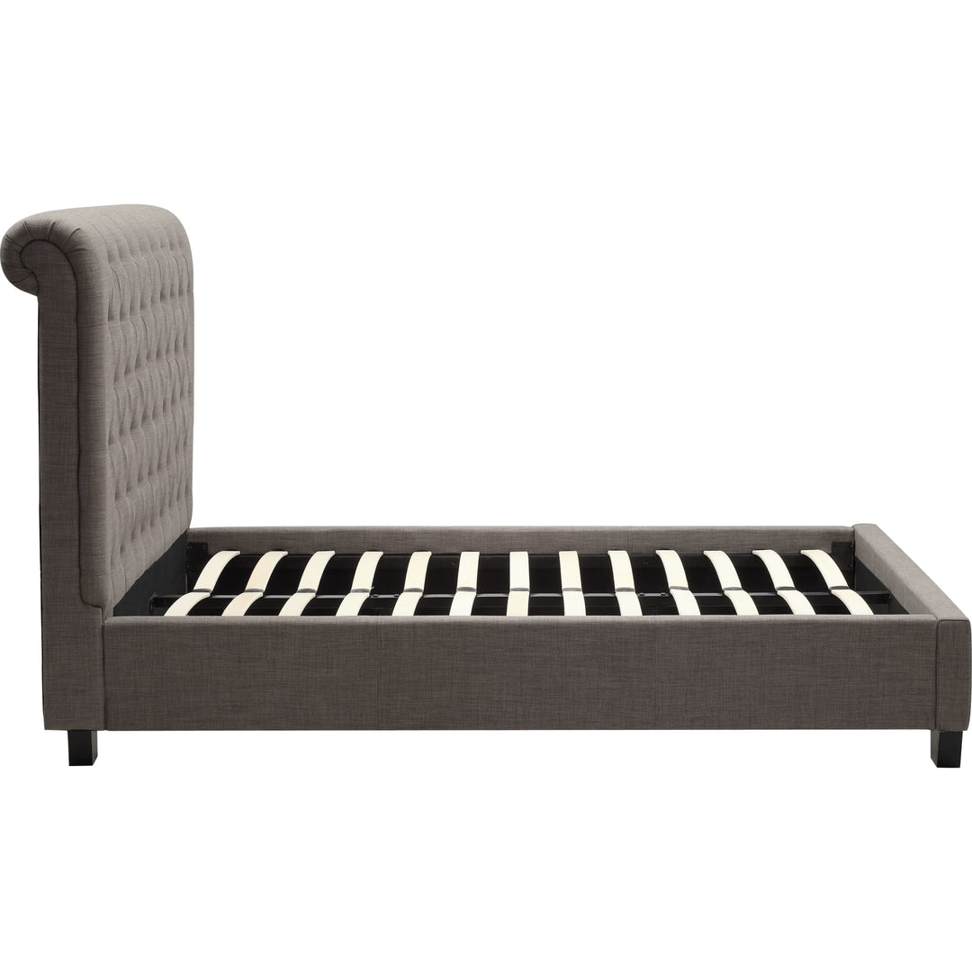 Royal Tufted Upholstered Platform Bed in Dolphin Linen — side view without mattress