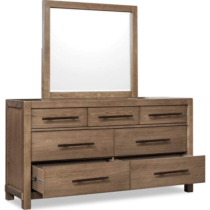 Roycroft Dresser in Harvest Wood — with drawers open, shown with the matching mirror (sold separately)