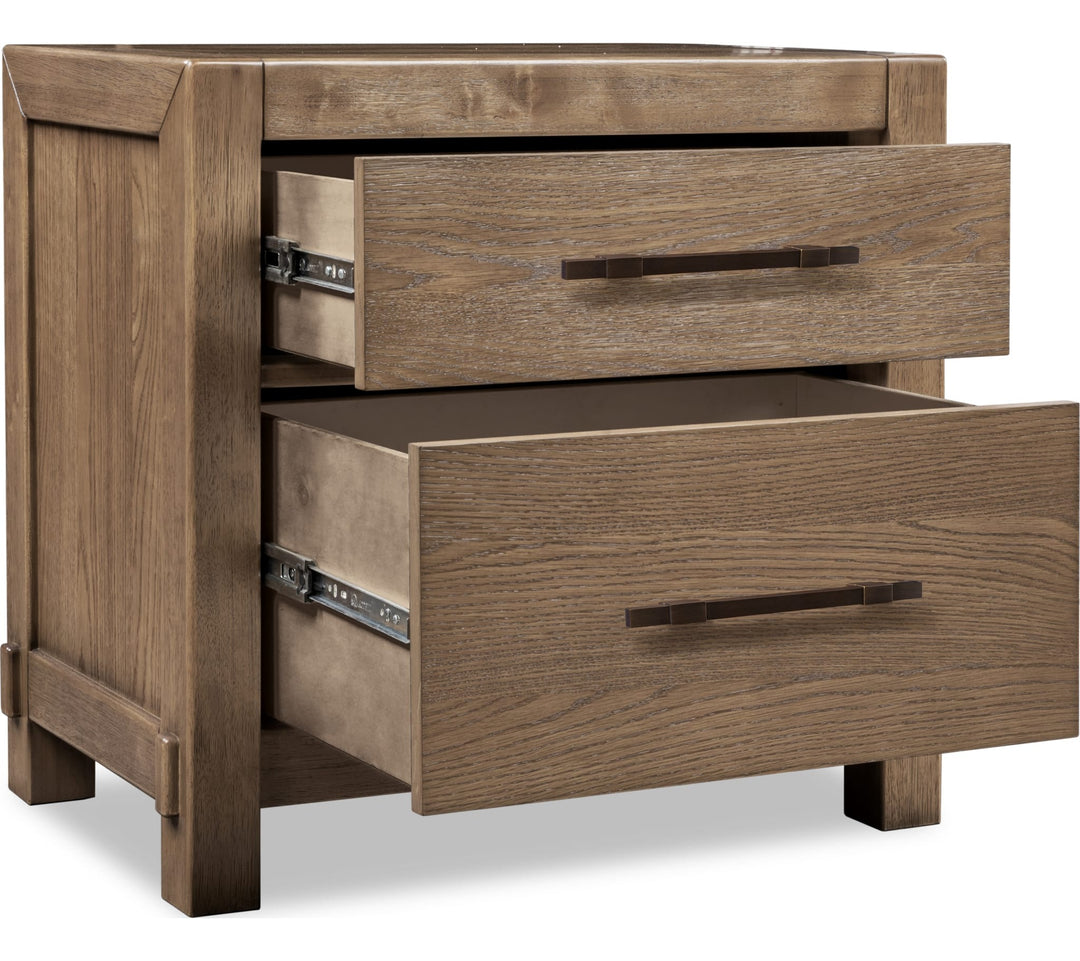 Roycroft Two Drawer Nightstand in Harvest Wood — with drawers open