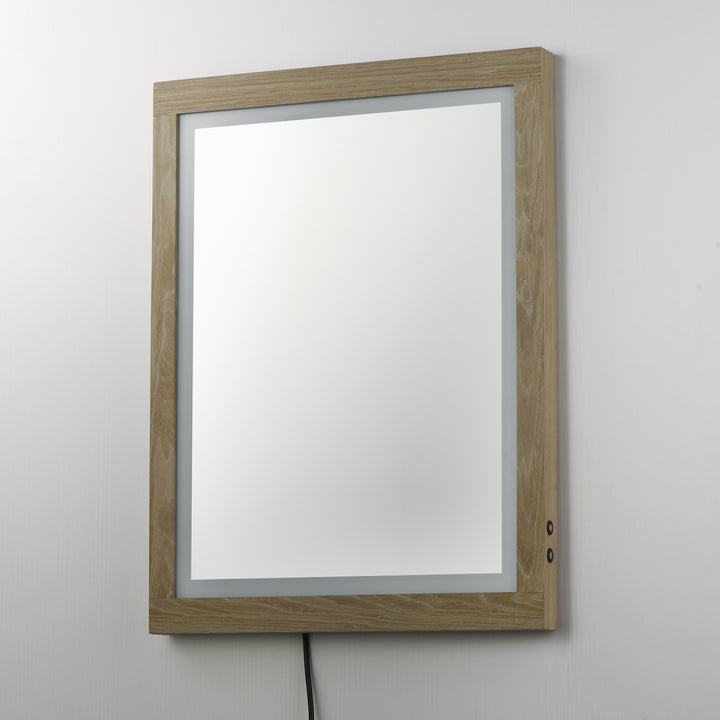 Sawyer 24" x 32" Oak Framed LED Mirror by ET2 Lighting, styled view 2