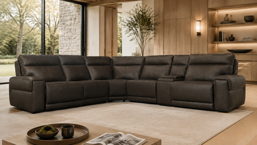 SHIFT Iron Ore leather sectional in a modern home