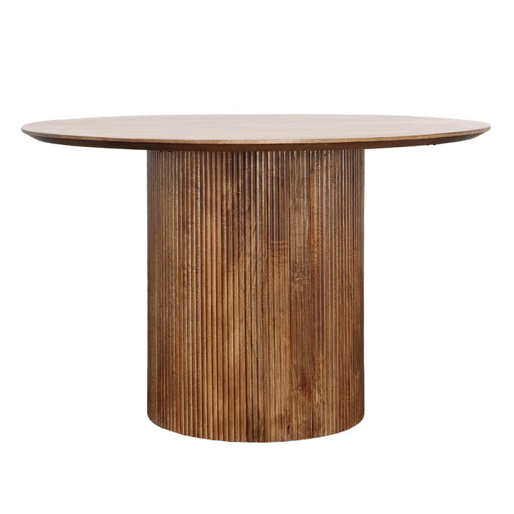 August Mango Wood Dining Table, three-quarter studio view