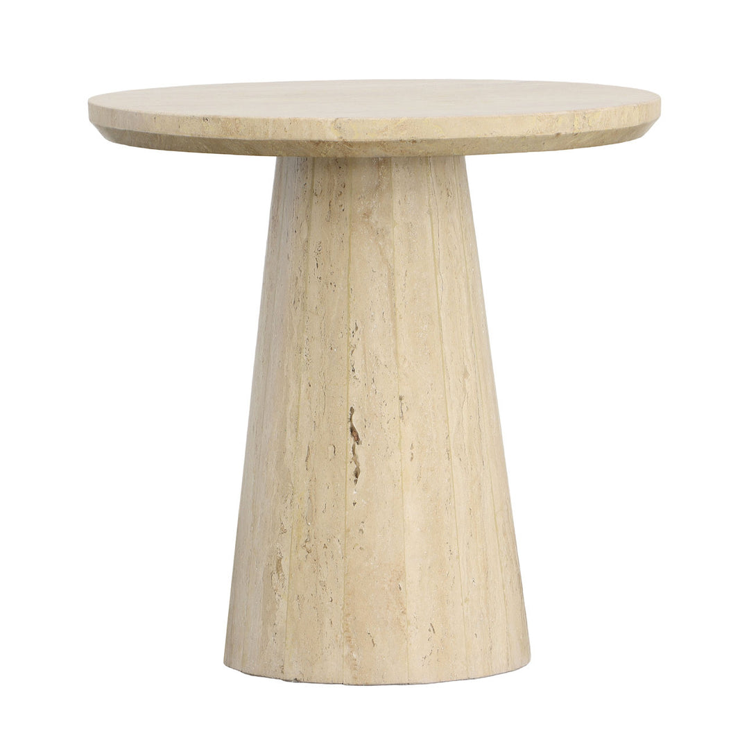 Avra Travertine Side Table, three-quarter studio view