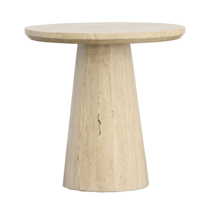 Avra Travertine Side Table, three-quarter studio view