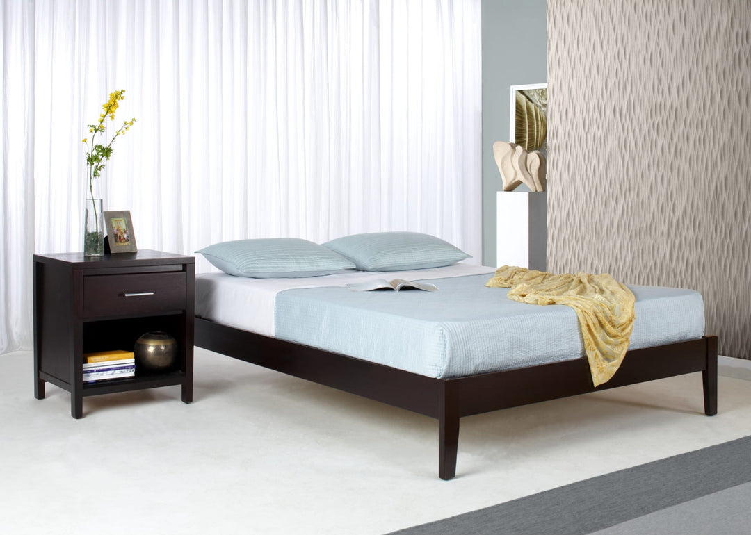 Simple Wood Platform Bed in Espresso styled in a bedroom
