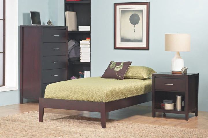 Simple Wood Platform Bed in Espresso styled in a bedroom