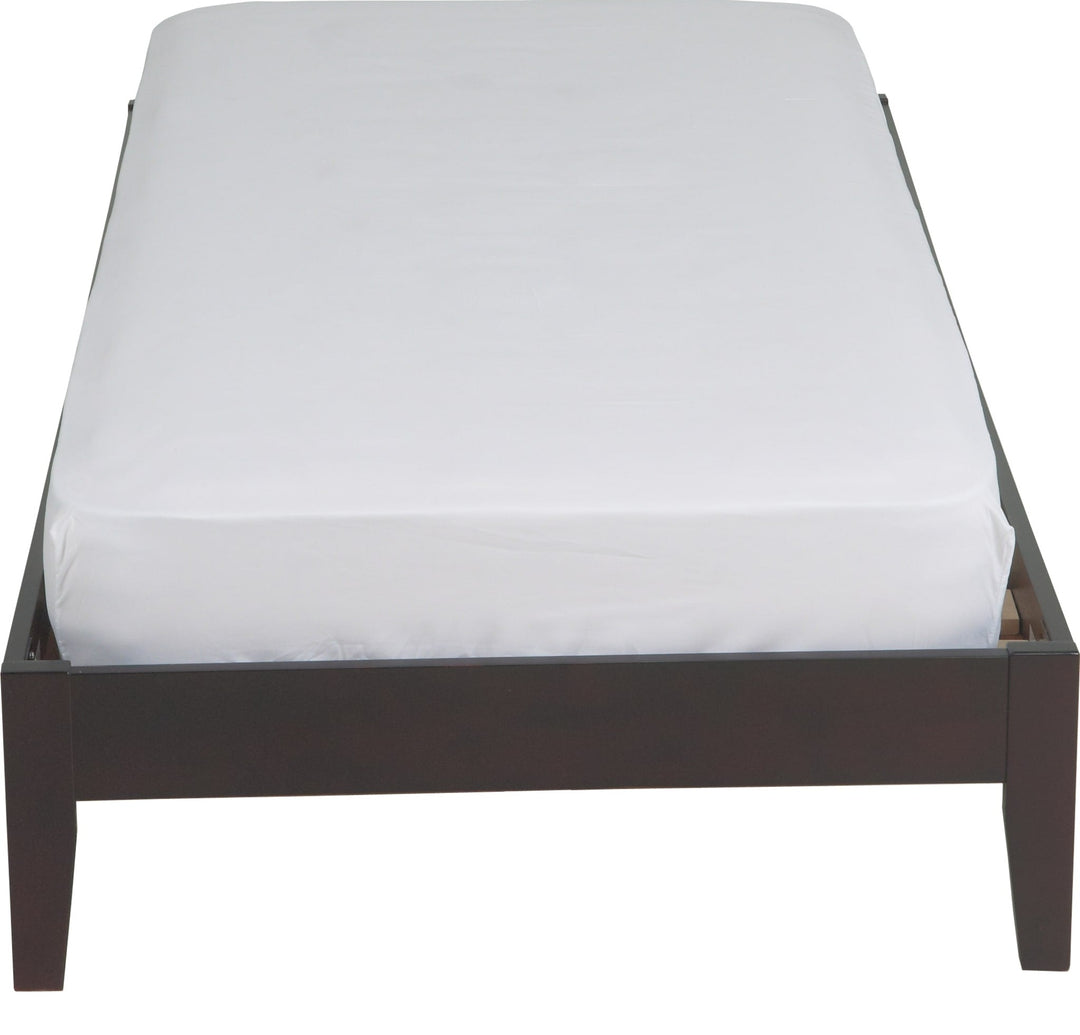 Simple Wood Platform Bed in Espresso — white background, view from the foot