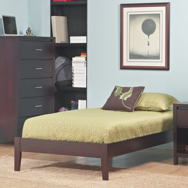 Simple Wood Platform Bed in Espresso styled in a bedroom