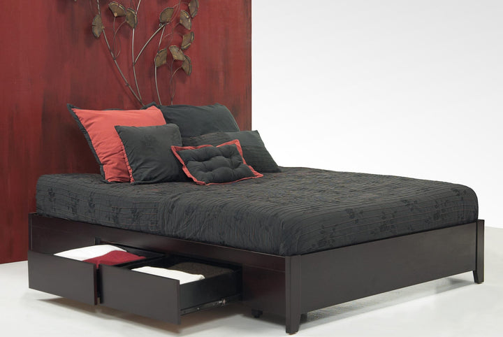 Simple Wood Storage Bed in Espresso styled in a bedroom
