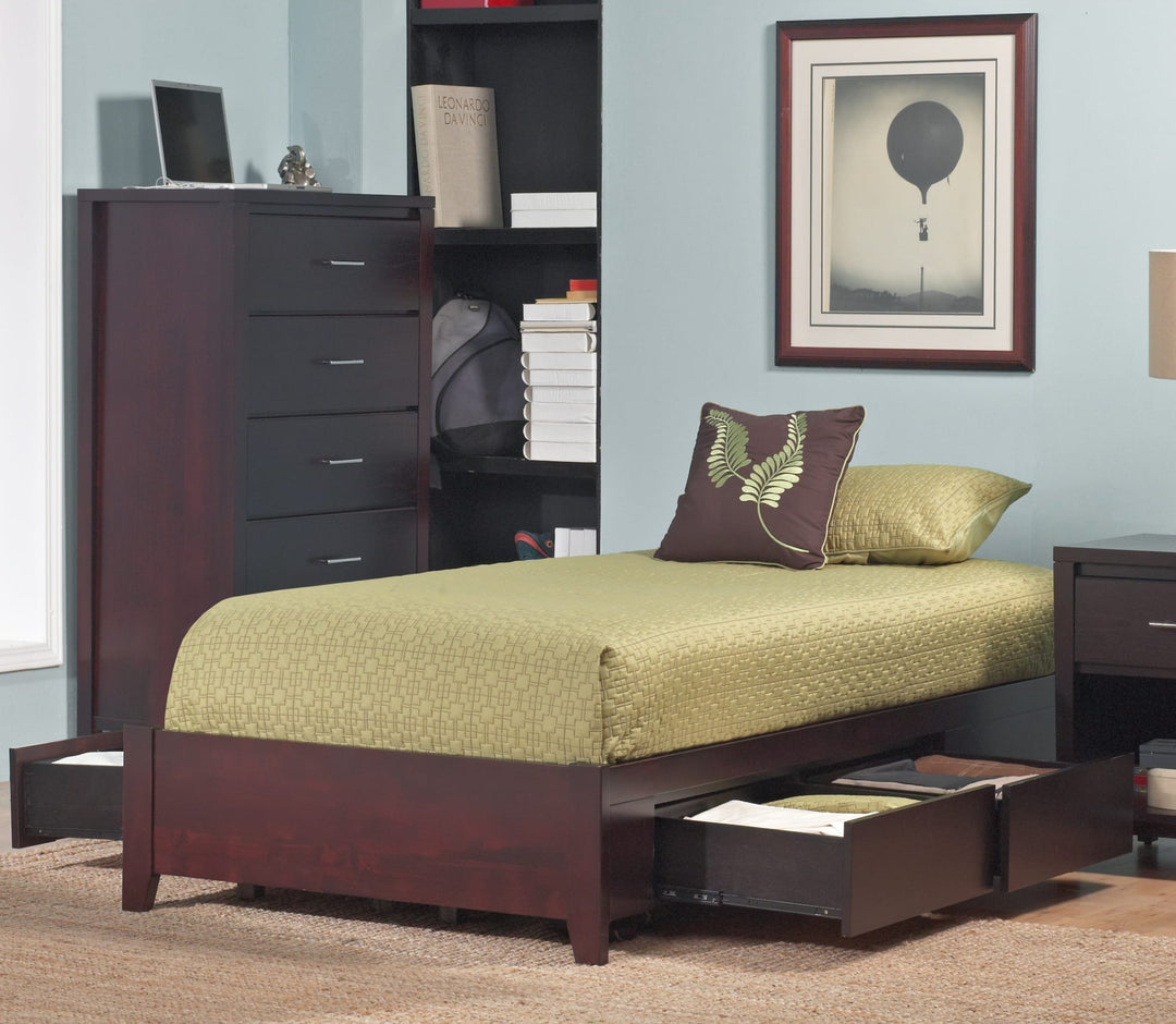 Simple Wood Storage Bed in Espresso styled in a bedroom