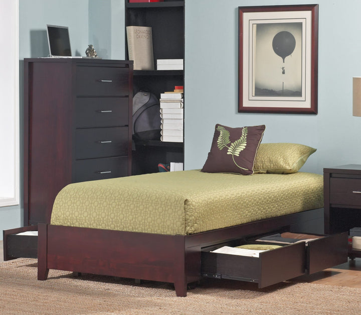 Simple Wood Storage Bed in Espresso styled in a bedroom