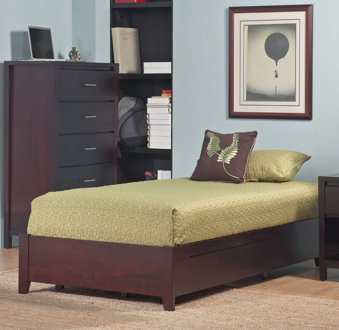 Simple Wood Storage Bed in Espresso styled in a bedroom