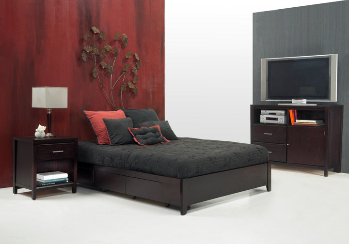 Simple Wood Storage Bed in Espresso styled in a bedroom