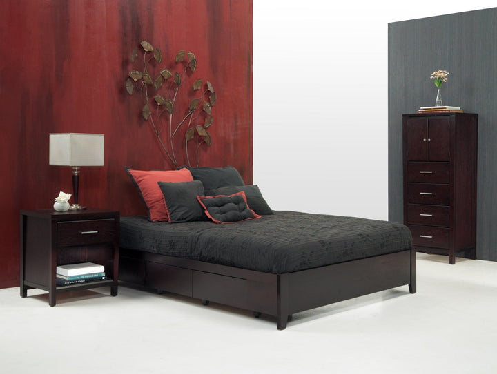 Simple Wood Storage Bed in Espresso styled in a bedroom