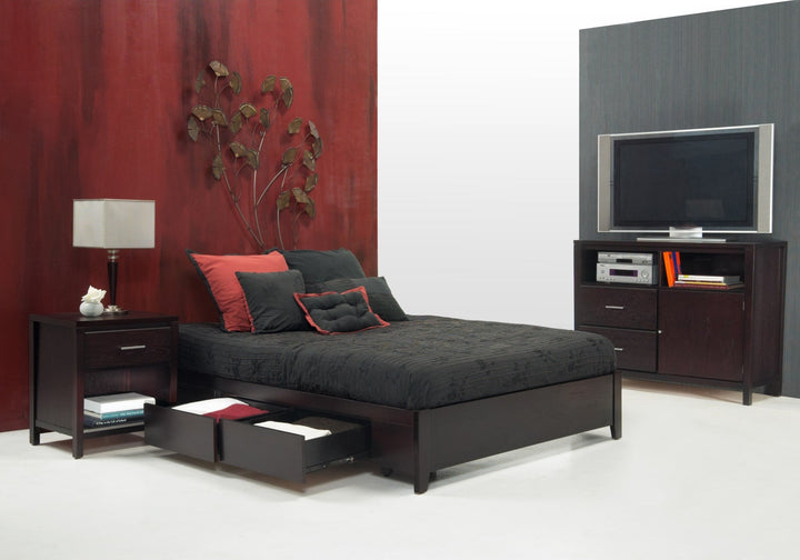 Simple Wood Storage Bed in Espresso styled in a bedroom