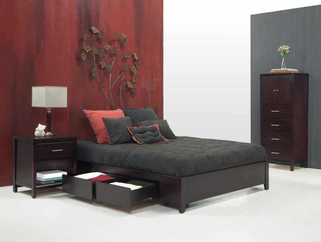 Simple Wood Storage Bed in Espresso styled in a bedroom
