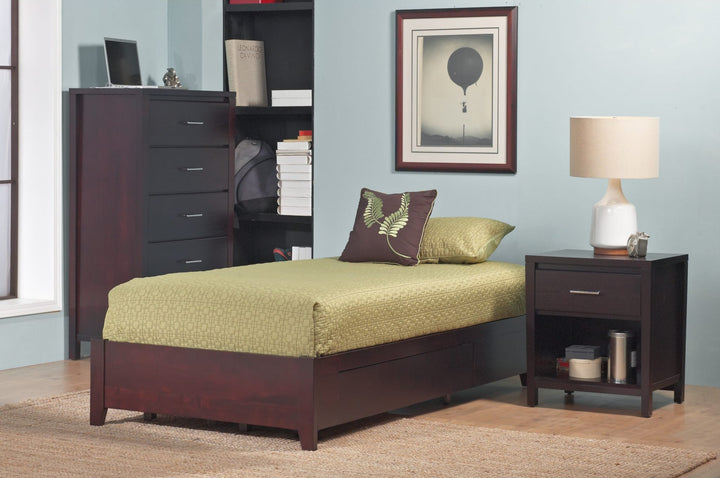 Simple Wood Storage Bed in Espresso styled in a bedroom