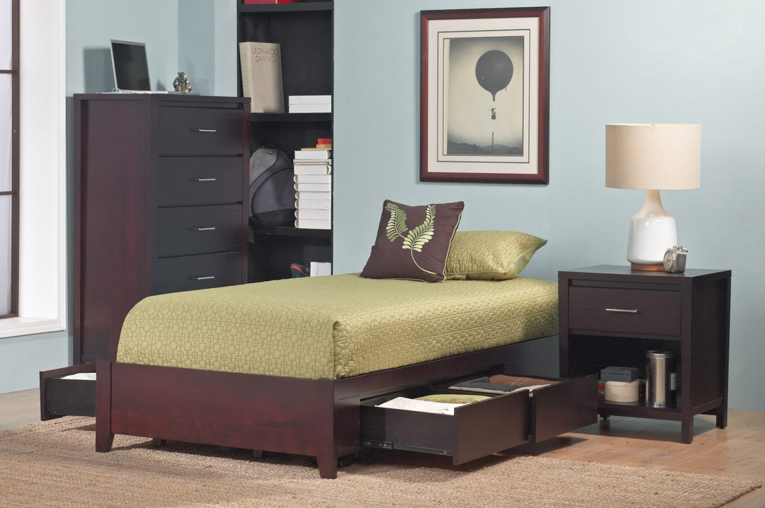 Simple Wood Storage Bed in Espresso styled in a bedroom
