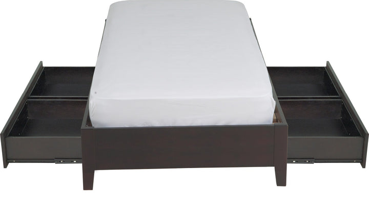 Simple Wood Storage Bed in Espresso — front view with storage drawers open