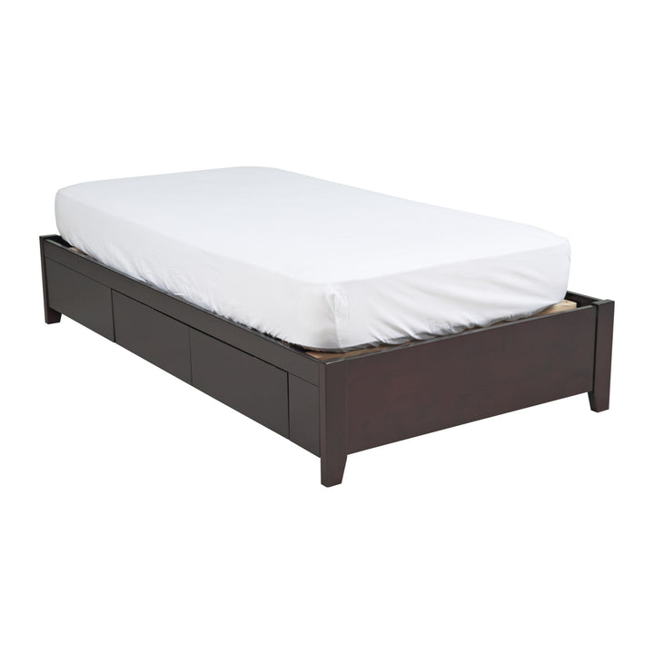 Simple Wood Storage Bed by Modus in Espresso — white background, angled view