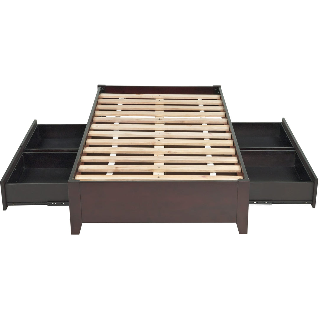 Simple Wood Storage Bed in Espresso — without mattress, showing slats and drawers