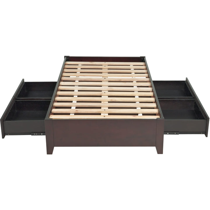 Simple Wood Storage Bed in Espresso — without mattress, showing slats and drawers